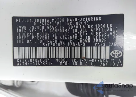 2018 Toyota Corolla Le from USA, damaged, VIN 5YFBURHE2JP806558